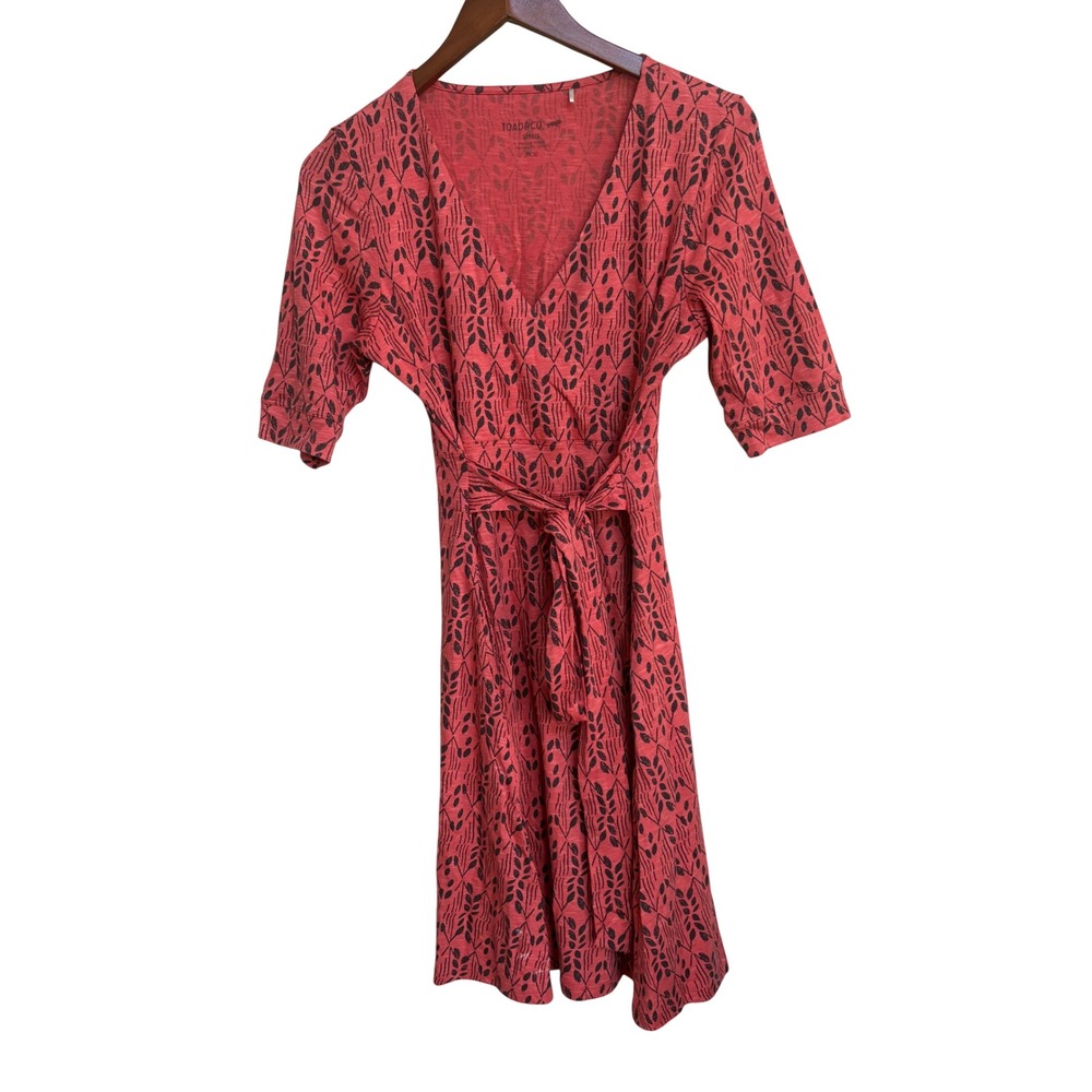 Toad&Co Rosemarie Dress Small Red Leaf Print Faux Wrap V-Neck Short Sleeve Tie - Picture 2 of 7